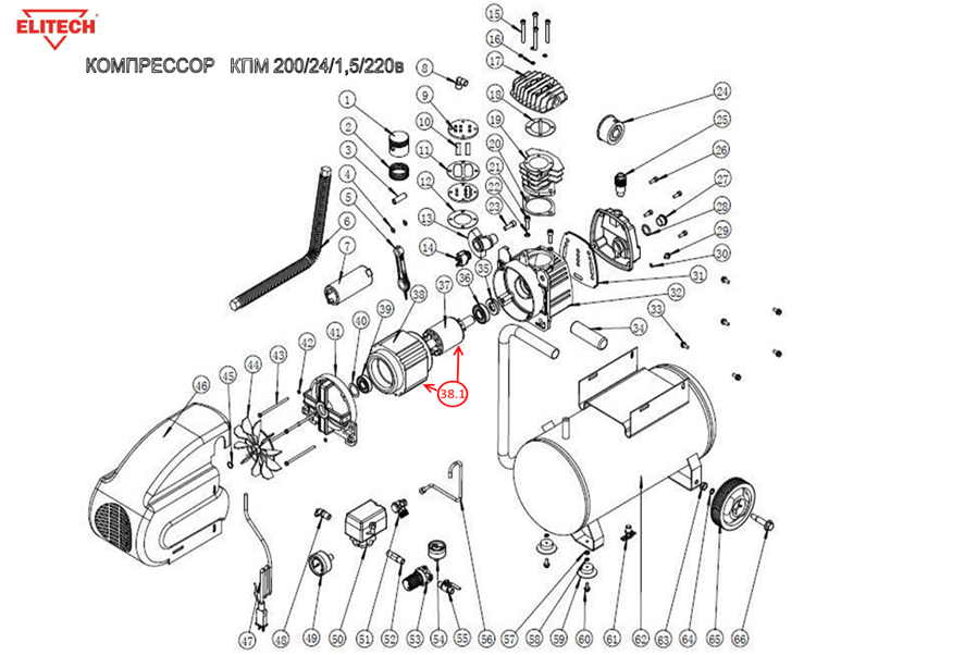 Взрыв-схема и запчасти для компрессора Elitech КПМ 200/24