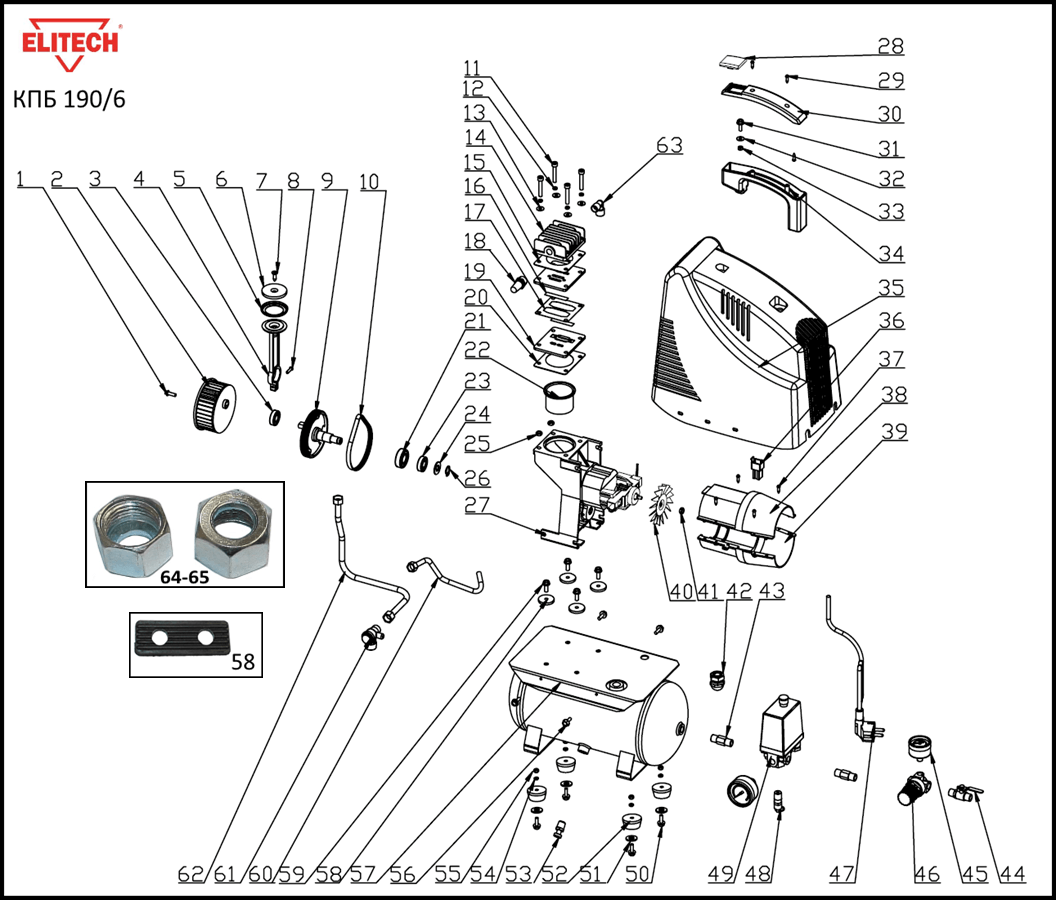 Взрыв-схема и запчасти для компрессора Elitech КПБ 190/6 - Elitech-m.ru