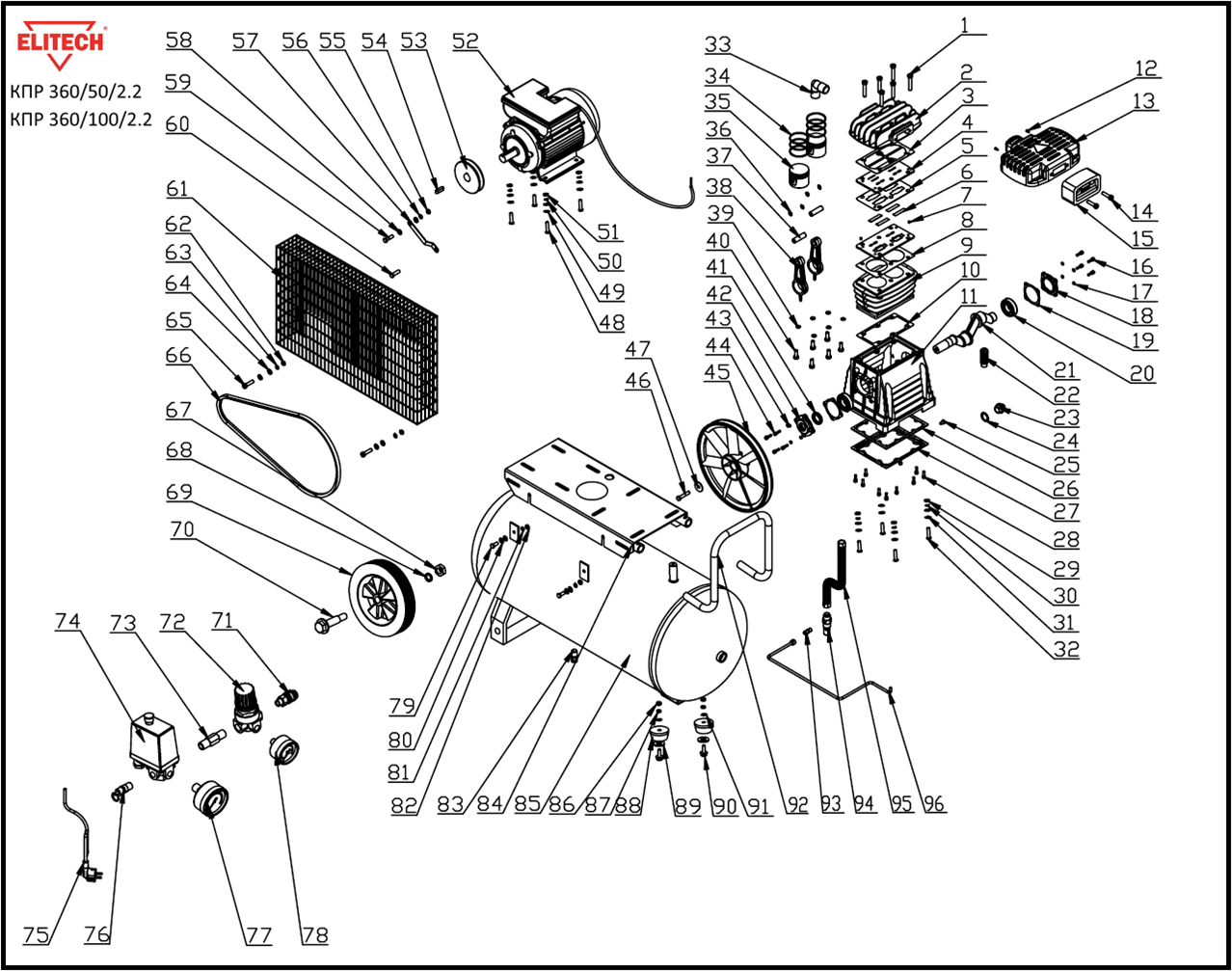 Взрыв-схема и запчасти для компрессора Elitech КПР 350/50/2,2 - КПР  350/100/2,2 - Elitech-m.ru